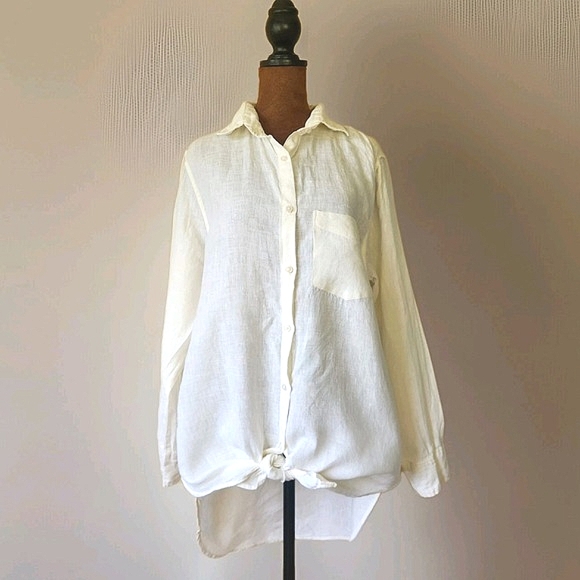 SHANI SHEMER Tunic Top Button Down Tie Front Linen Off White Relaxed M Women's‎ - Picture 1 of 7